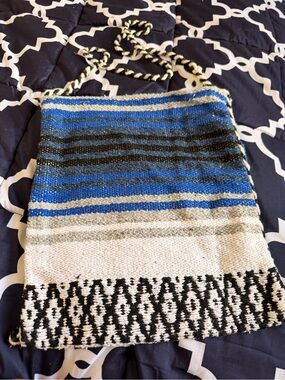 Woven Boho Crossbody Bag with Blue and Black Stripes NWOT 14x14
